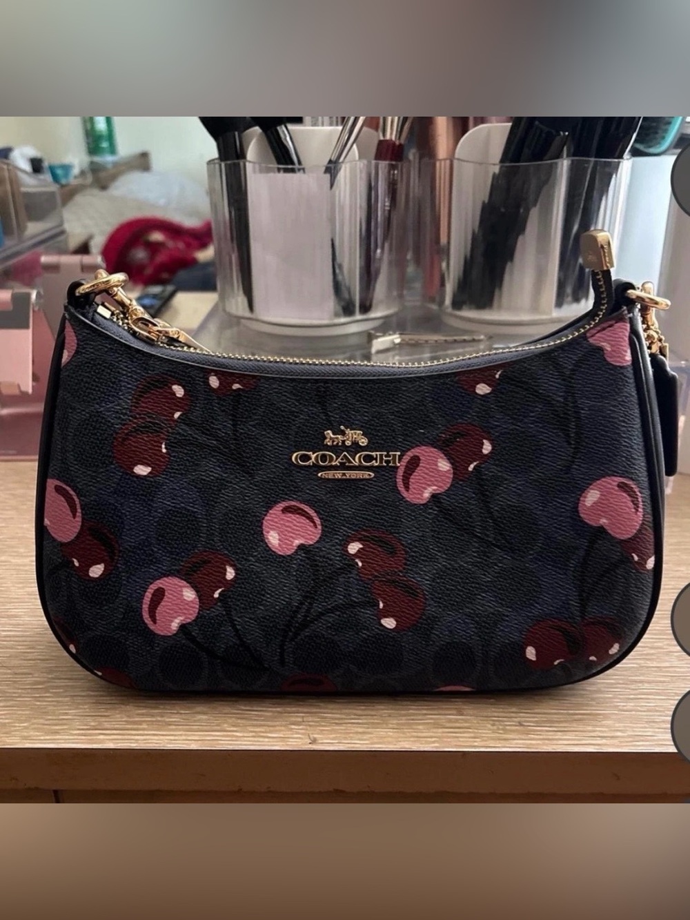 COACH Black Cherry-Print Mini Hobo Bag with Pink Accents - Picture 1 of 5